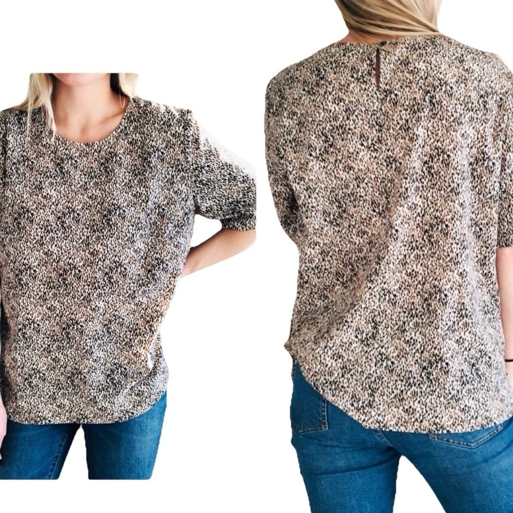 Talbots Animal Print Cheetah Print Short Sleeve Blouse Satin Keyhole 16 Petite